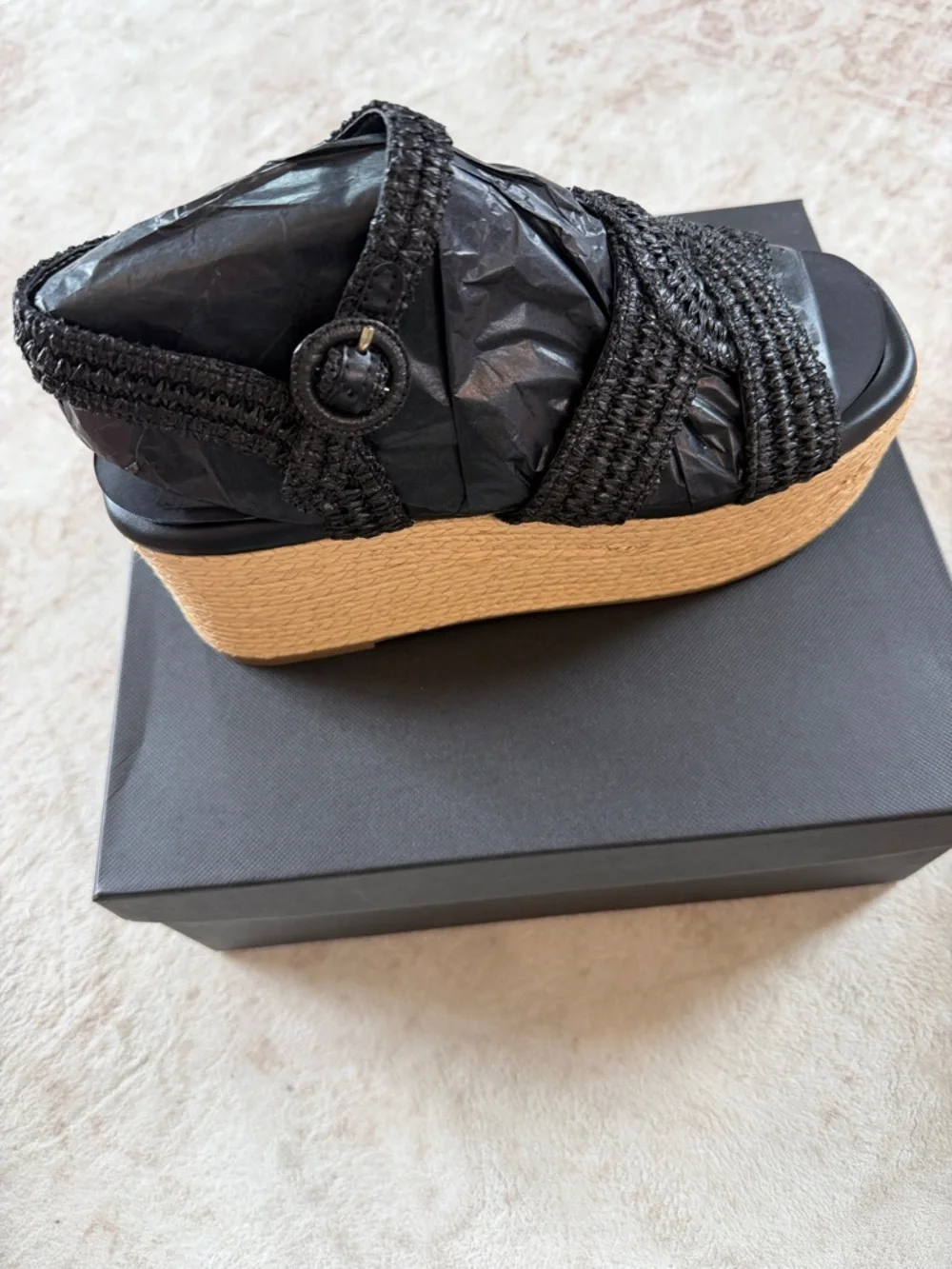 Marc Fisher Payley Black Woven Espadrille Wedge Sandal with Natural Platform